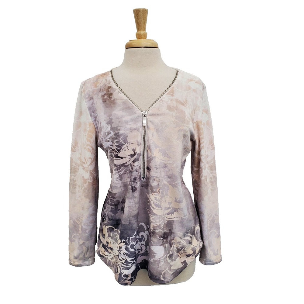 Soft Surroundings Womens M Gray Beige Floral Zip Front‎ Long Sleeve Stretch Top